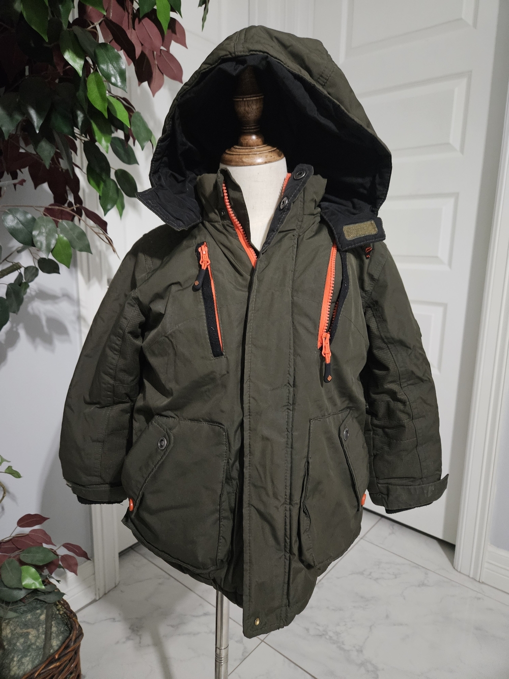 Big Chill Olive Green Kids Hooded Puffer with Orange Zippers
